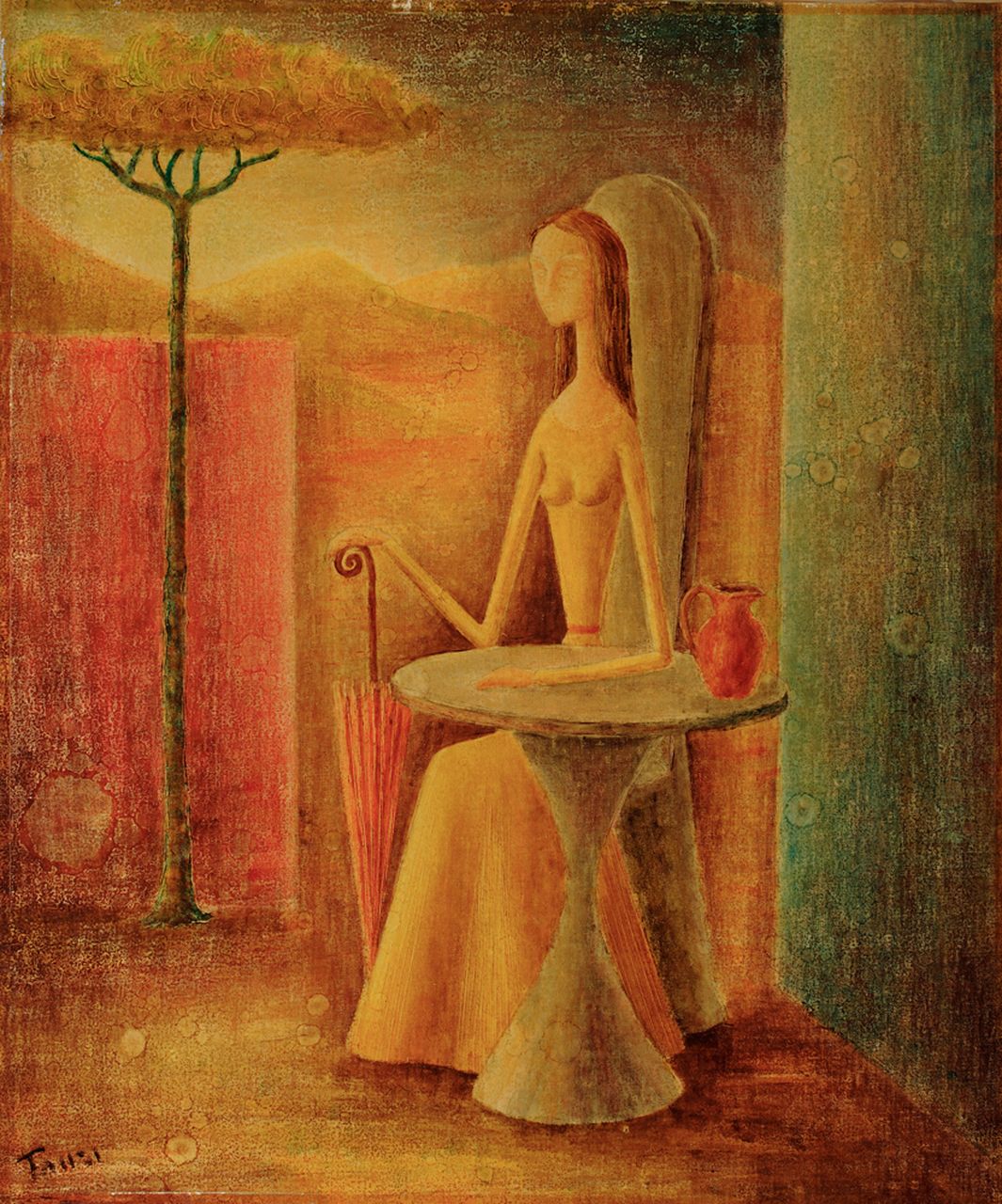 Donna vestita di giallo, figura (dipinto) di Tanzi Enrico (sec. XX)