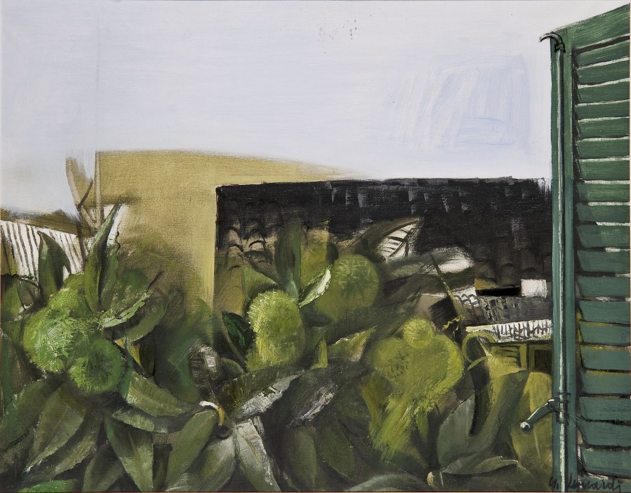 Sguardo dalla finestra, veduta (dipinto) di Leonardi Nello (anni sessanta sec. XX)
