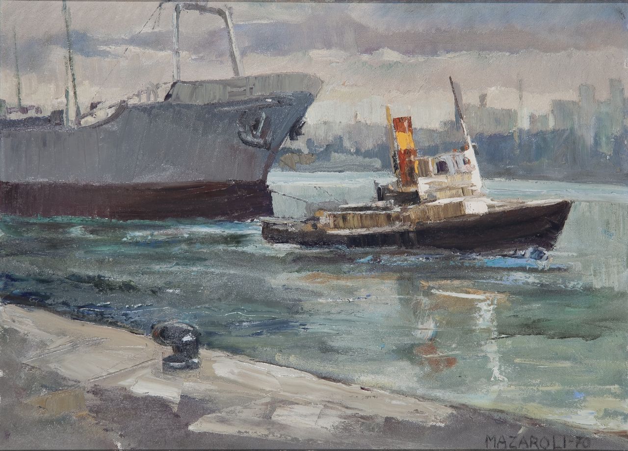 Porto con pescherecci, veduta (dipinto) di Mazaroli Ricciotti (sec. XX)
