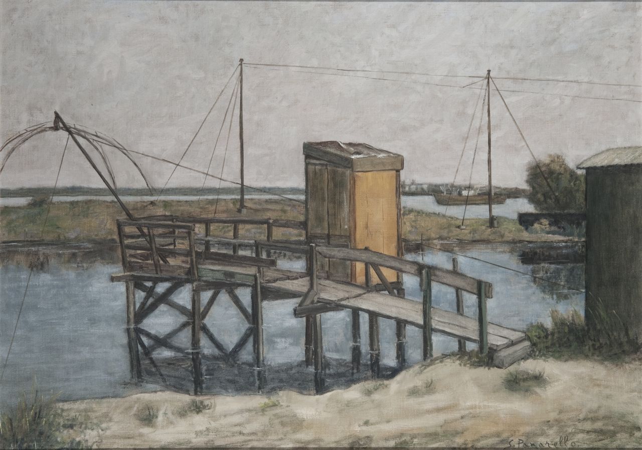 Capanno in valle, paesaggio (dipinto) di Panarello Salvatore (sec. XX)