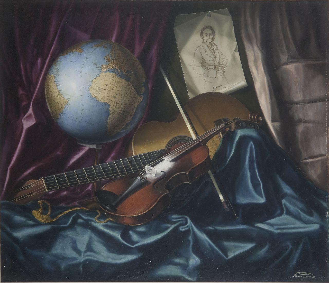 Composizione, violino e chitarra, natura morta (dipinto) di Parola Nino (sec. XX)