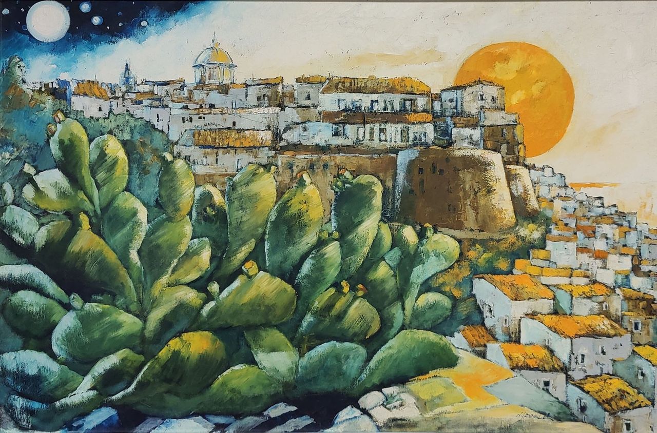 Cariati il mio paese, veduta (dipinto) di Jannelli Nicola (sec. XX)