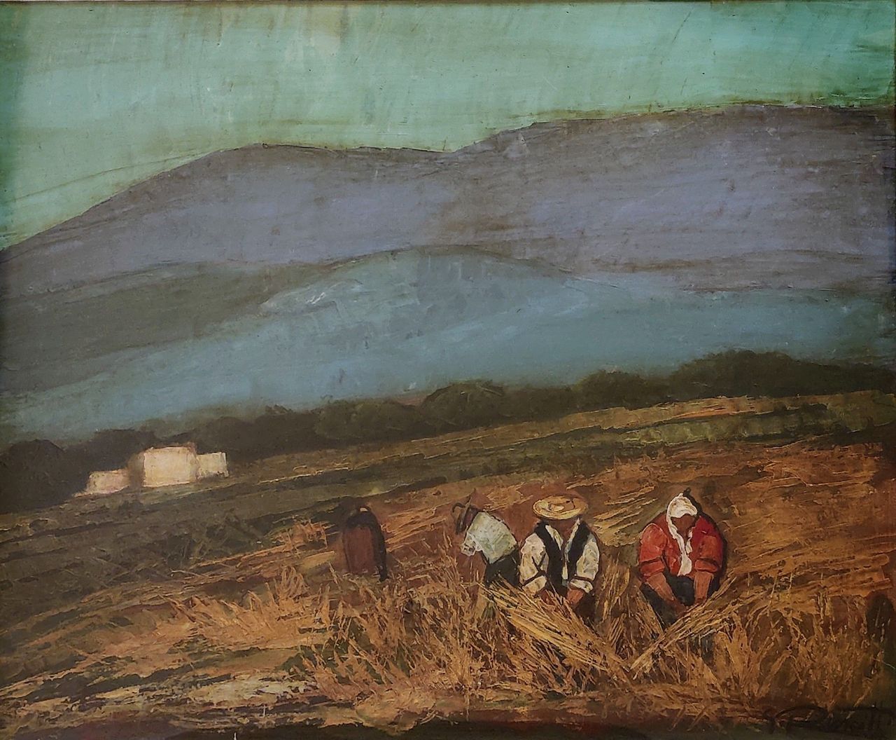 Contadini garganici, paesaggio con contadini (dipinto) di Ruscitti Pino (sec. XX)