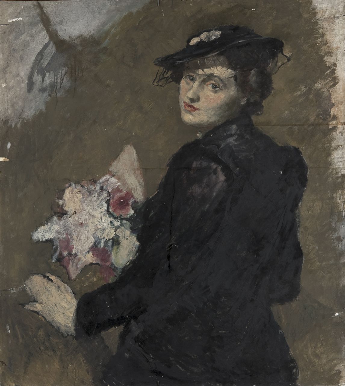 Donna con mazzo di fiori, ritratto (dipinto) di Cocchi Mario (sec. XX)