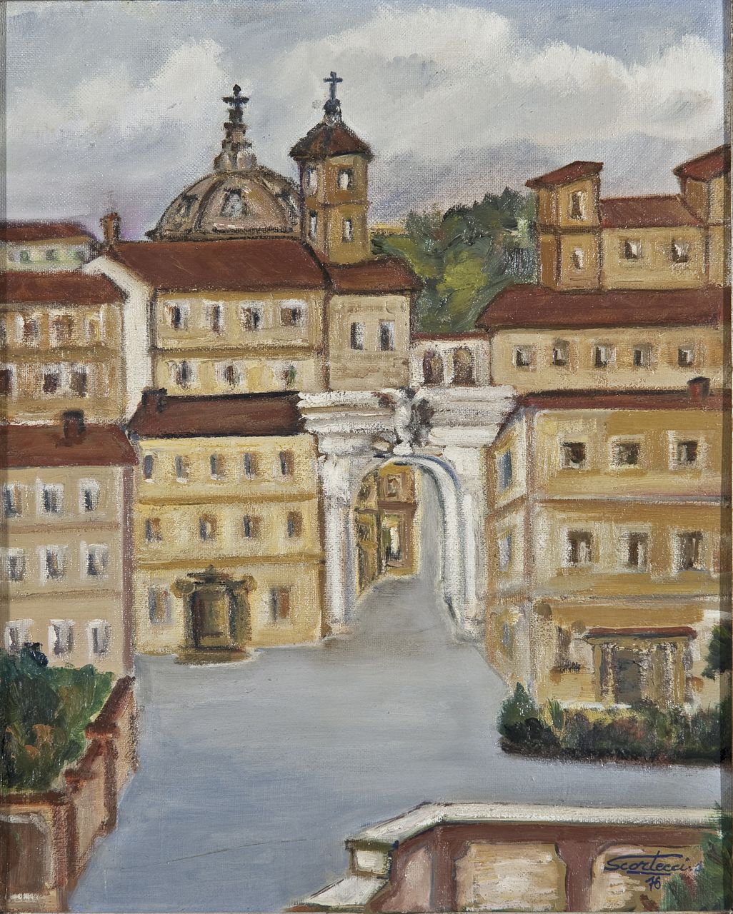 Ingresso al borgo, veduta (dipinto) di Scortecci, Sergio (sec. XX)