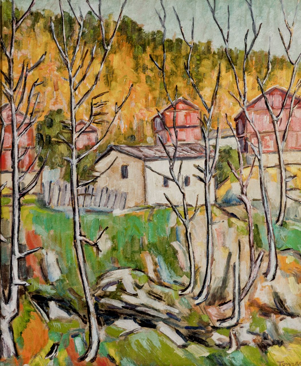 Casolari di montagna, Paesaggio montano con case ed alberi (dipinto, opera isolata) di Tomea Fiorenzo (sec. XX)