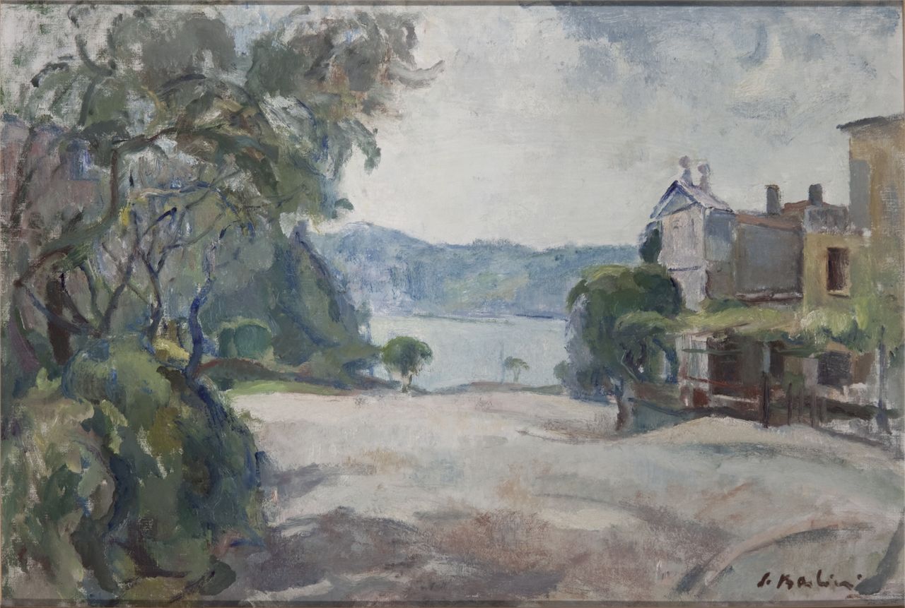 Paesaggio a Salò, Paesaggio con case e lago (dipinto, opera isolata) di Barbieri Contardo (sec. XX)