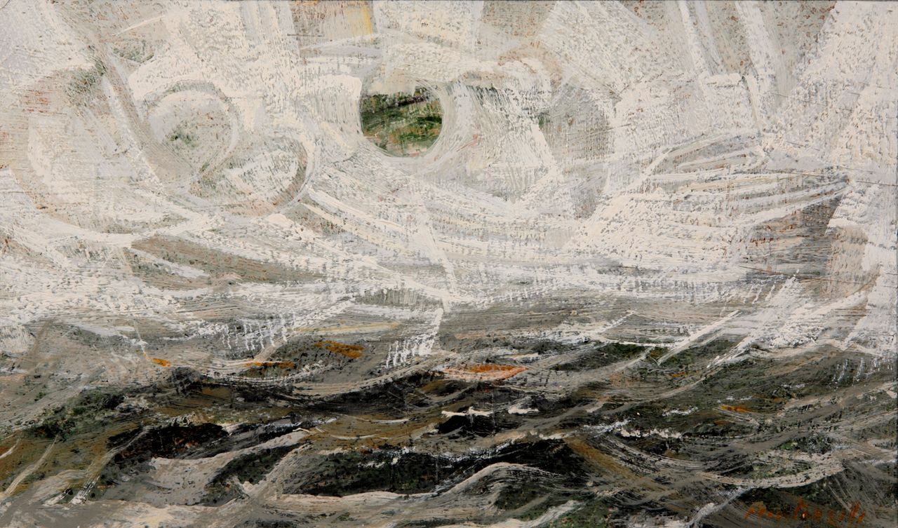 Marina con nuvole nel vento, Marina con nuvole come nastri, paesaggio marino (dipinto) di Montarsolo Carlo (sec. XX)