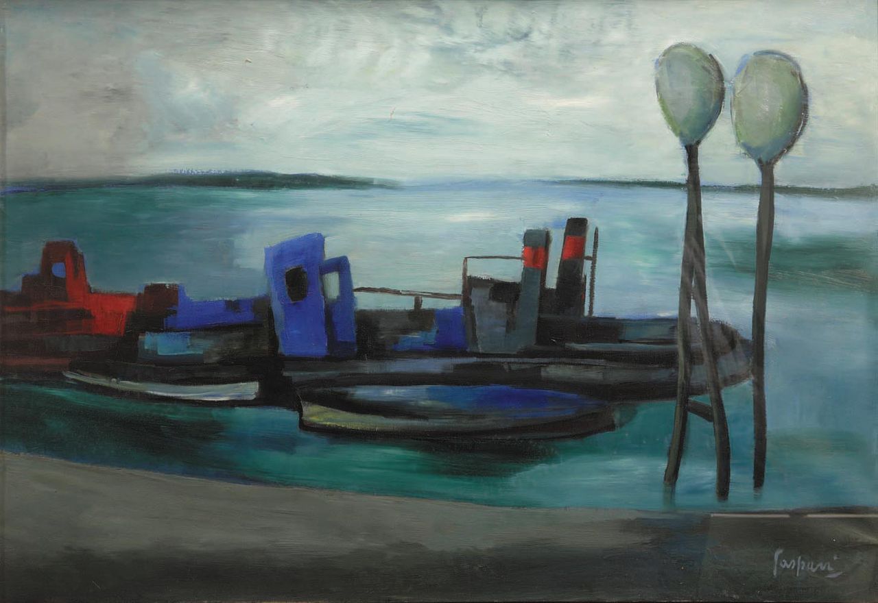 Zattere, Paesaggio marino con barche (dipinto, opera isolata) di Gaspari Luciano (prima metà sec. XX)