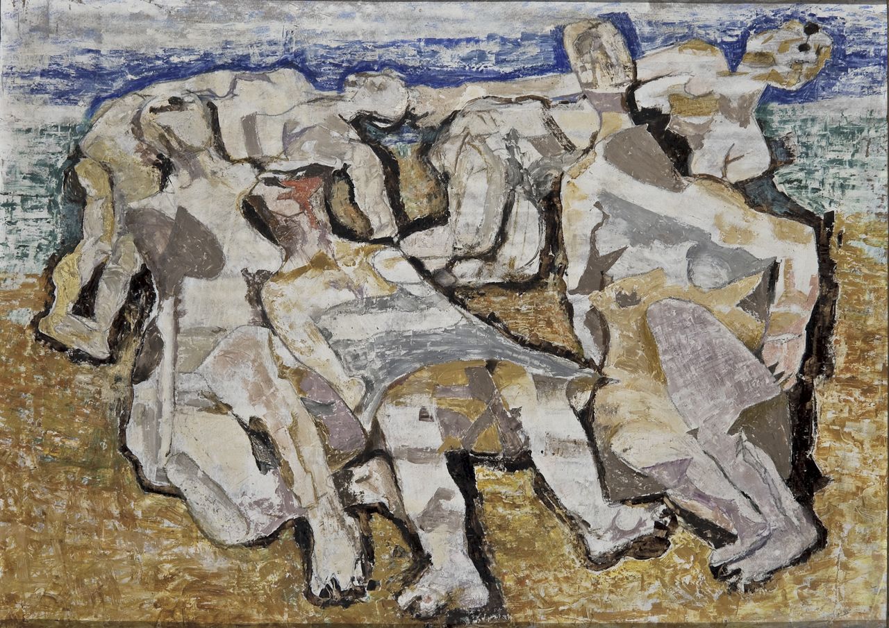 Bagnanti pietrificate, Nudi femminili su una spiaggia (dipinto, opera isolata) di Pirandello Fausto (sec. XX)