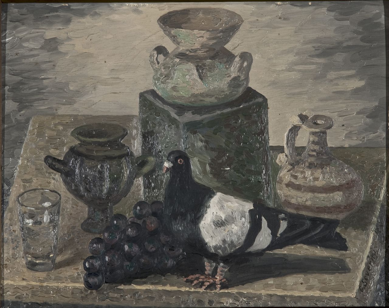 Piccione e bicchiere, Natura morta con oggetti vari, frutta ed un piccione (dipinto, opera isolata) di Severini Gino (sec. XX)