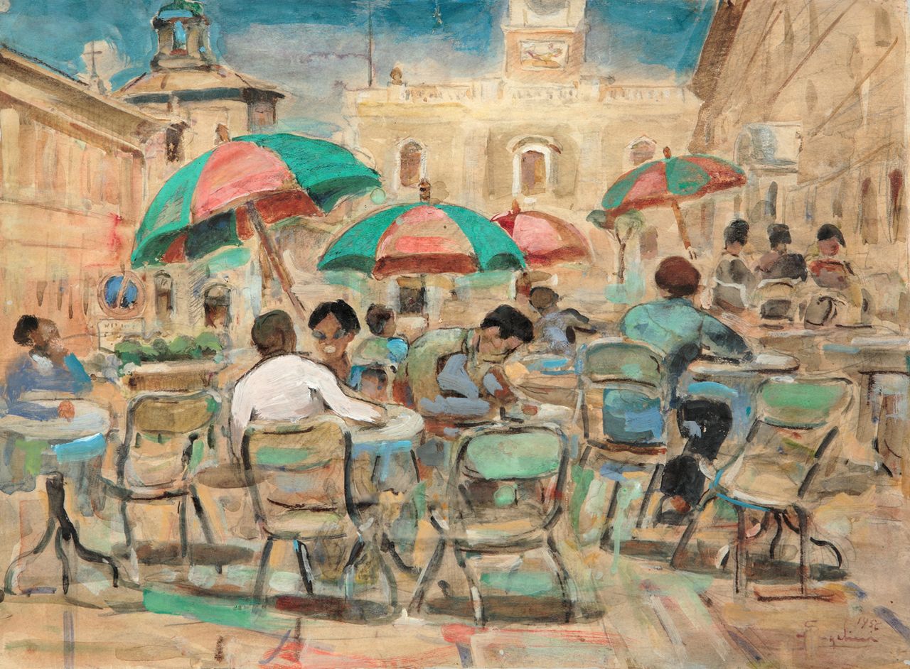 Piazza di Ravenna, Avventori seduti ai tavolini di un bar in una piazza cittadina (disegno, opera isolata) di Angelini Pietro (sec. XX)