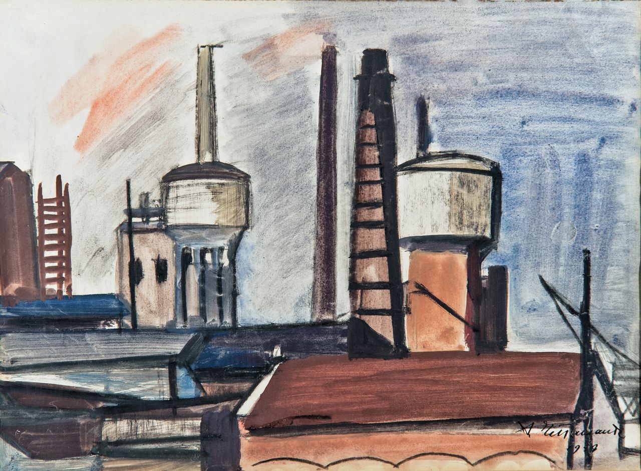 Paesaggio industriale, Paesaggio urbano con edifici industriali (disegno, opera isolata) di Tettamanti Ampelio (sec. XX)