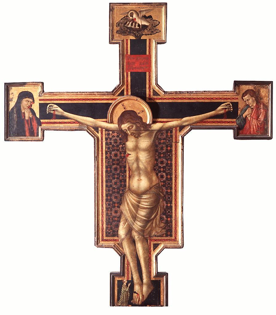 Cristo crocifisso, Madonna, San Giovanni evangelista, donatore (croce dipinta) di Maestro del Crocifisso Corsi (sec. XIV)