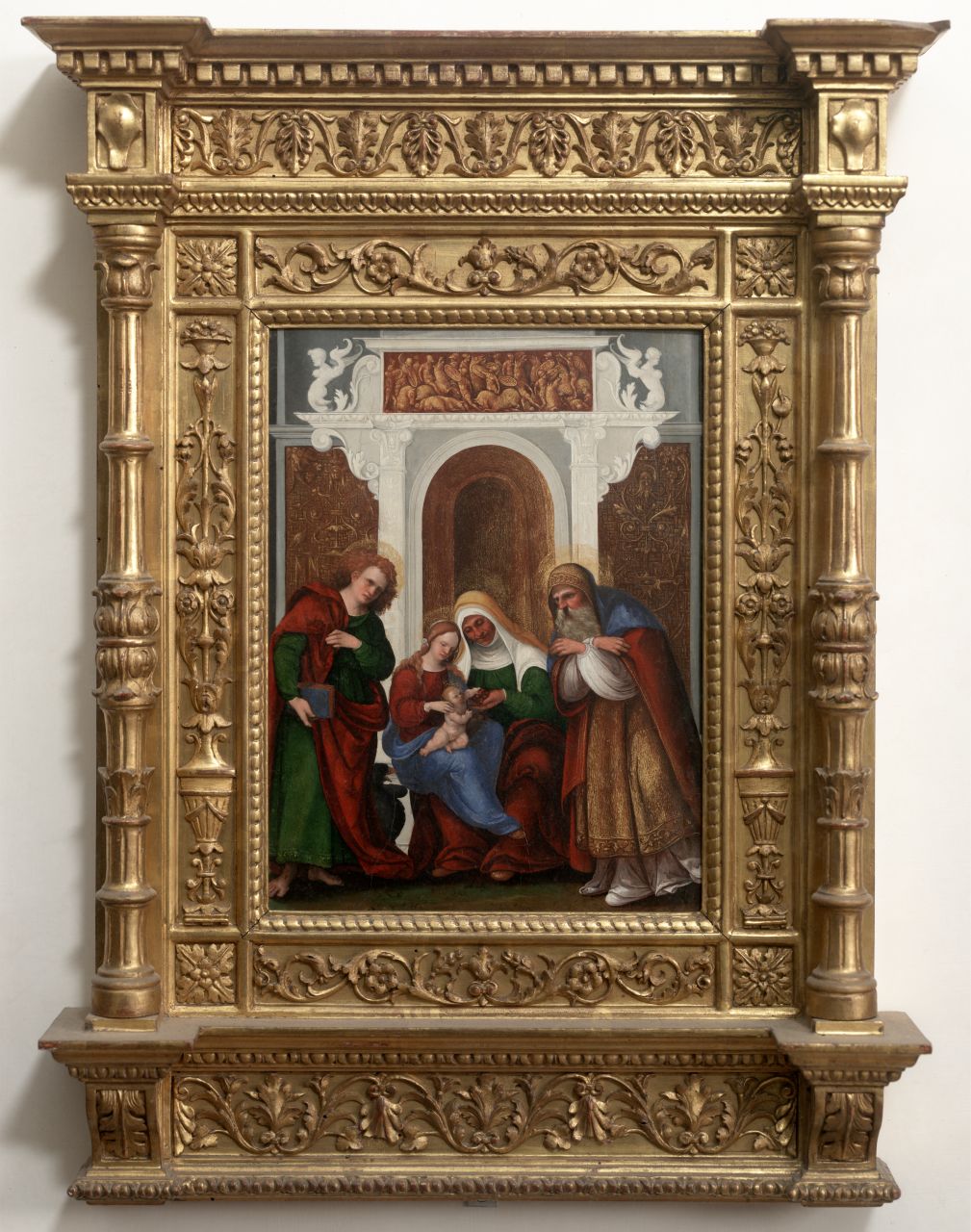 Madonna con Bambino con Sant'Anna, San Gioacchino e San Giovanni Evangelista (dipinto) di Mazzolino Lodovico (sec. XVI)