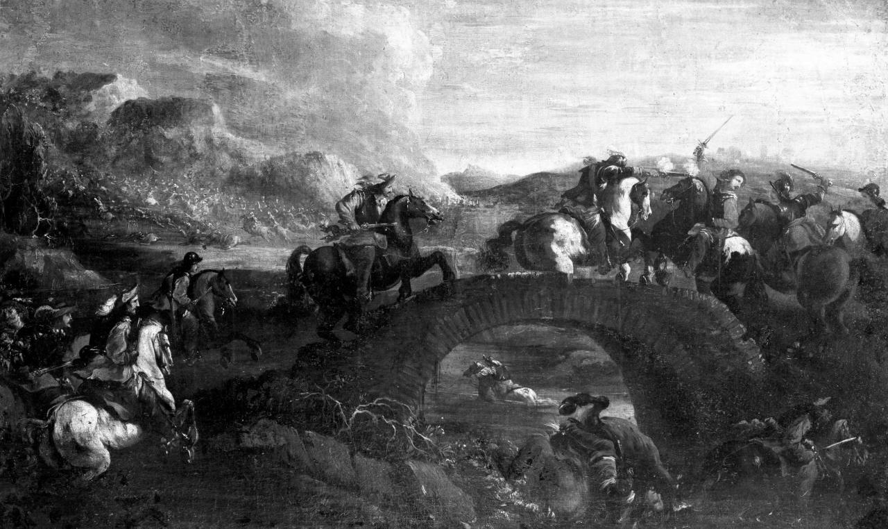 battaglia di cavalleria su un ponte (dipinto) di Courtois Jacques detto Borgognone (attribuito) (sec. XVII)