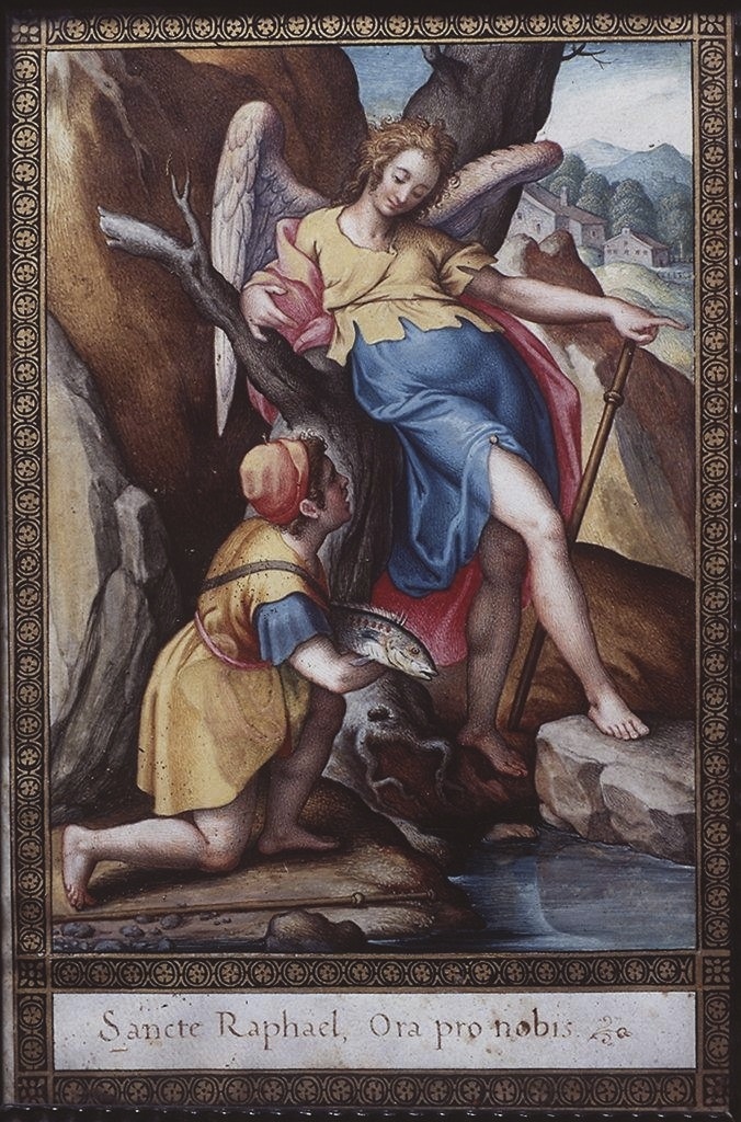 Tobia e San Raffaele arcangelo (miniatura) di Lupi Simone (secc. XVI/ XVII)
