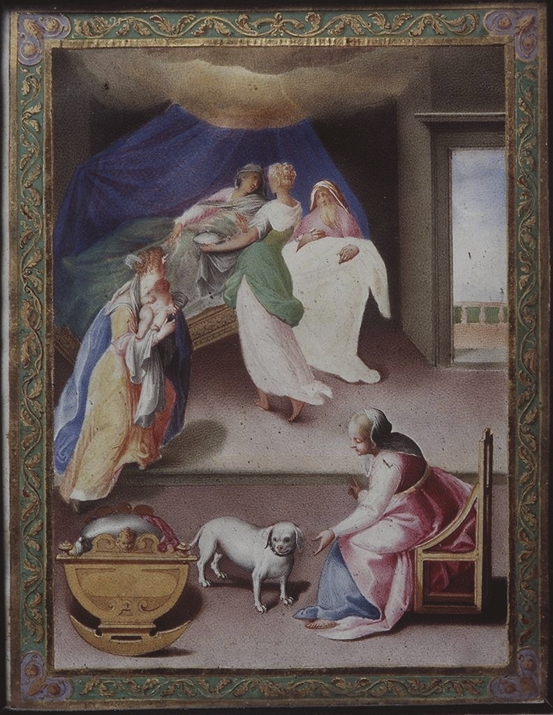 nascita di Maria Vergine (miniatura) di Mariani Valerio (primo quarto sec. XVII)