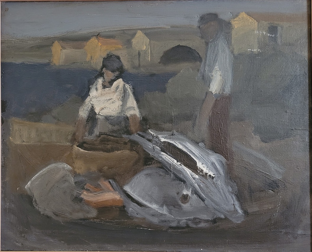 Tonnarotti, pescatori di tonni ritratti in attività successive alla pesca (dipinto) di Tanda Ausonio (XX)