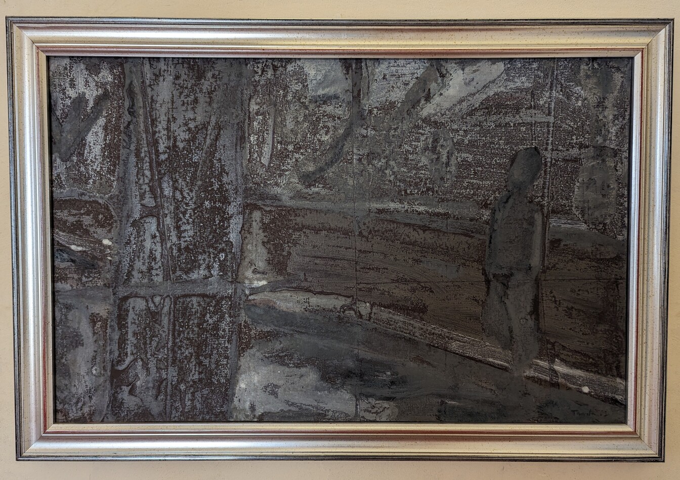 Uomo nel viale, figura umana indistinta sul ciglio di un viale (dipinto) di Tanda Ausonio (seconda metà XX)