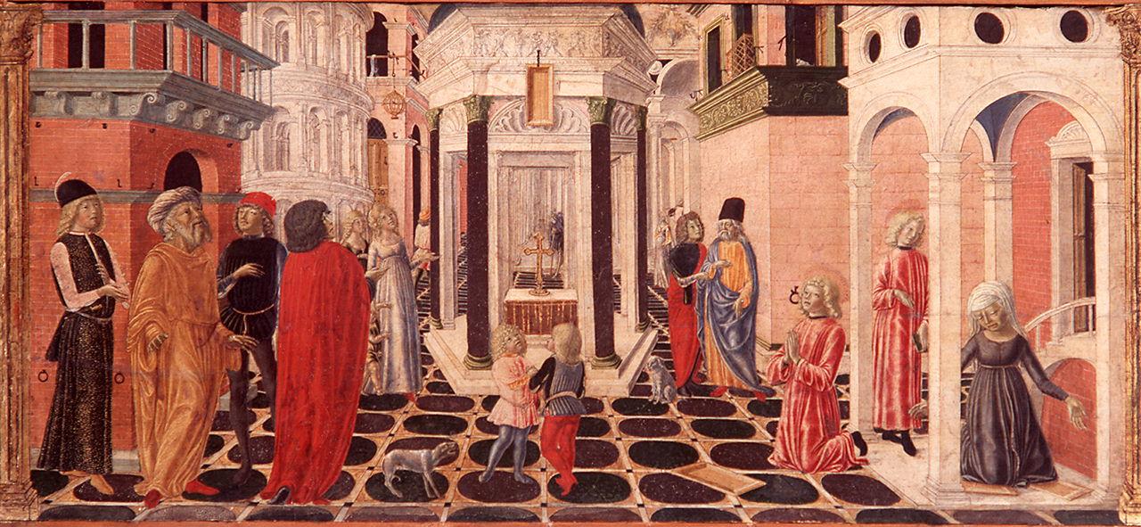 San Benedetto ripara miracolosamente il setaccio rotto dalla nutrice (scomparto di predella) di Landi Neroccio di Bartolomeo, Francesco di Giorgio Martini (sec. XV)