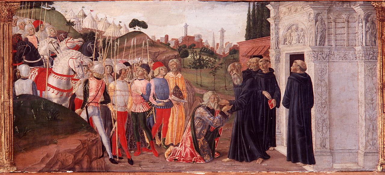 San Benedetto riceve la visita di Totila (scomparto di predella) di Landi Neroccio di Bartolomeo, Francesco di Giorgio Martini (sec. XV)