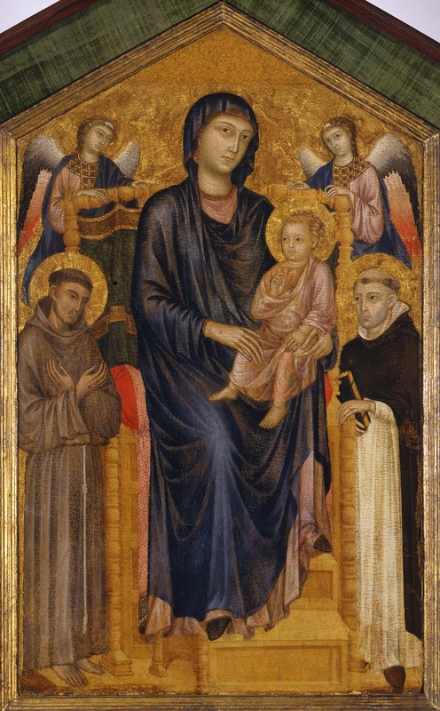 Madonna con Bambino in trono tra San Francesco d'Assisi, San Domenico e angeli (dipinto) di Maestro della Cappella Velluti (sec. XIV)