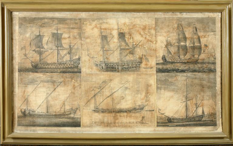 sezione di un vascello (ammiraglia) e di una scialuppa (stampa smarginata, elemento d'insieme) di Randon Claude (secc. XVII/ XVIII)