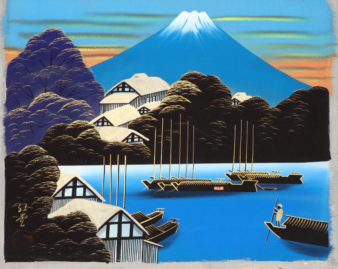 sconosciuto, Paesaggio sansui con barche e abitazioni (dipinto, opera isolata) - ambito giapponese (prima metà XX)