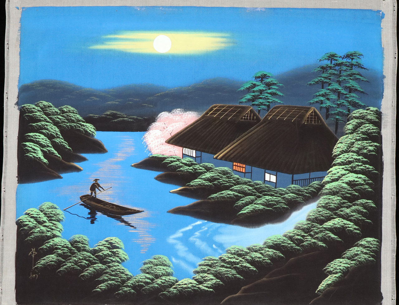 sconosciuto, Paesaggio fluviale con abitazioni (dipinto, opera isolata) - ambito giapponese (prima metà XX)