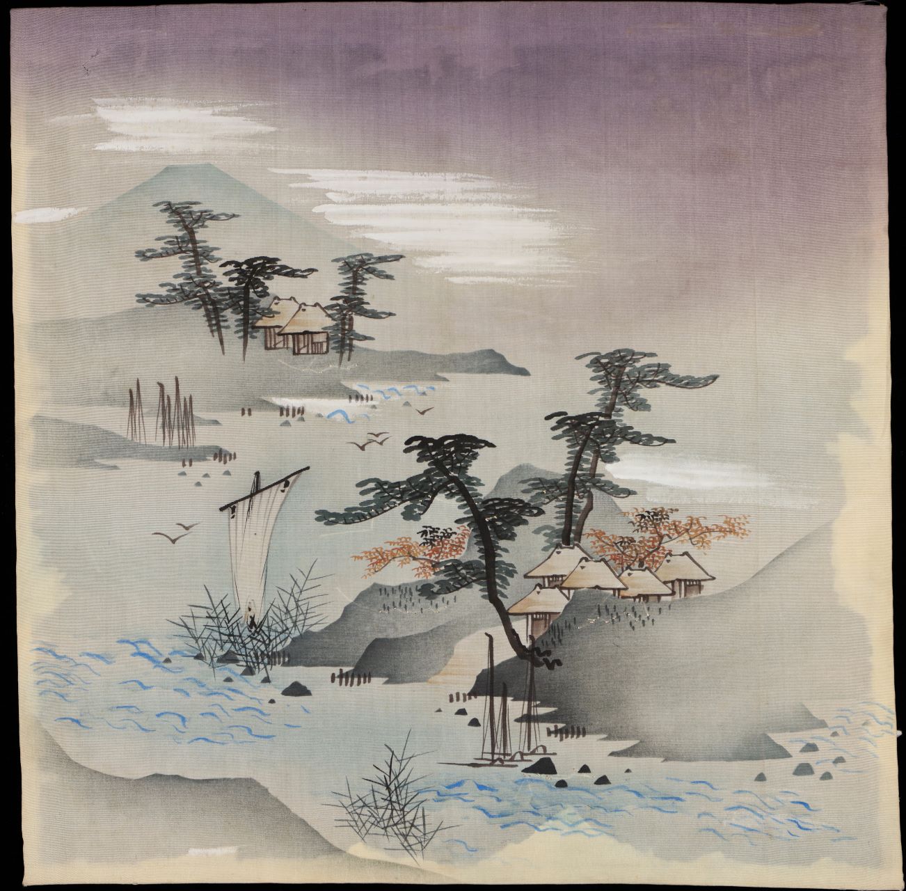 sconosciuto, Paesaggio fluviale con abitazioni (dipinto, opera isolata) - ambito giapponese (prima metà XX)
