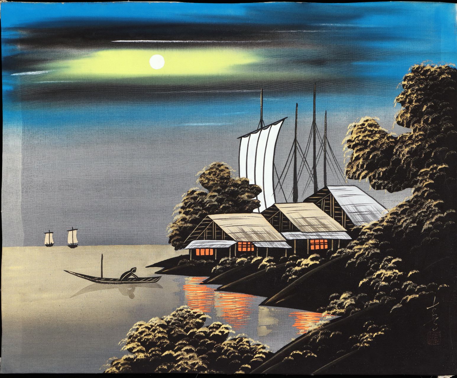 sconosciuto, Paesaggio fluviale notturno con abitazioni (dipinto, opera isolata) - ambito giapponese (prima metà XX)