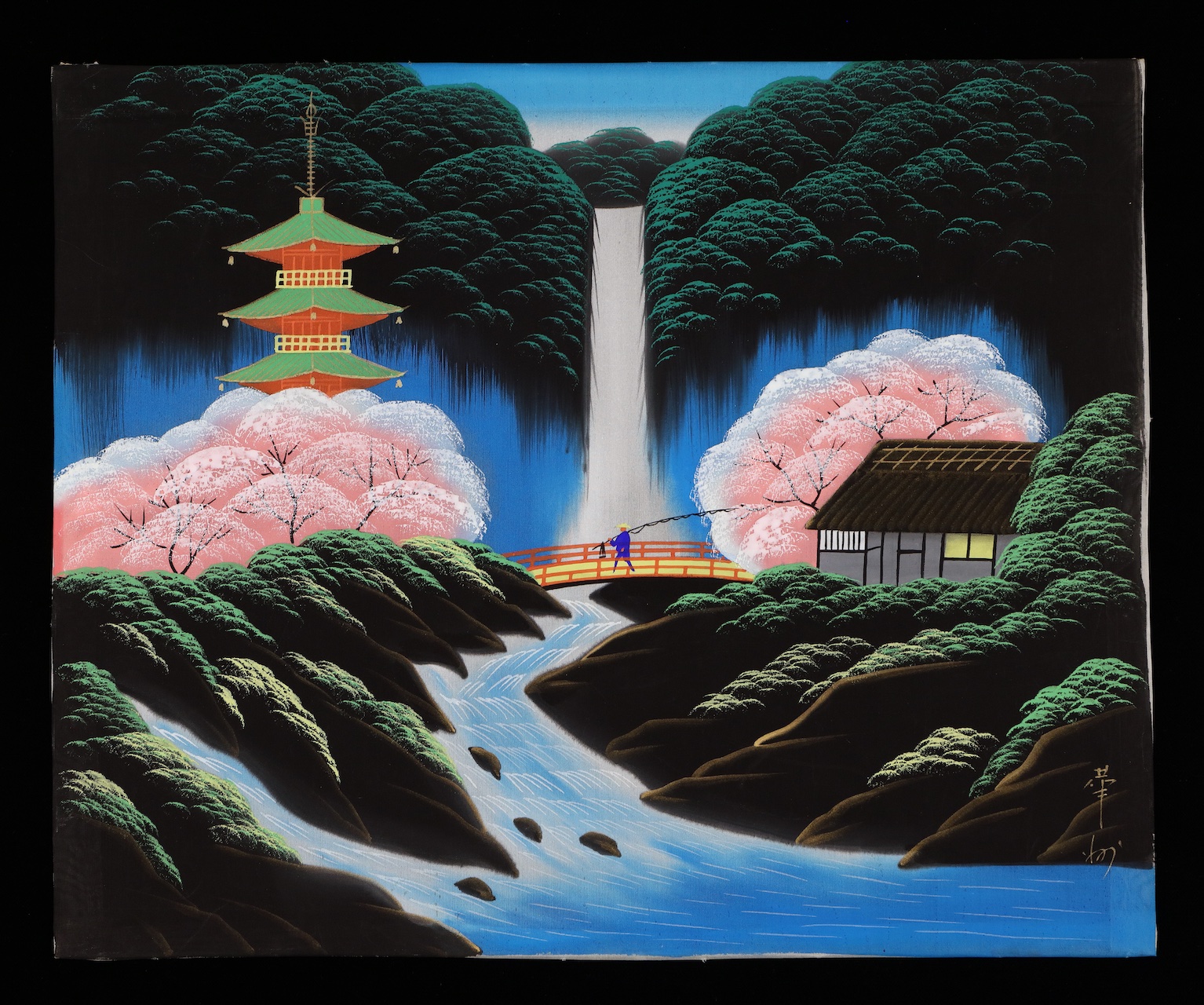 sconosciuto, Paesaggio rōkaku sansui con cascata e pagoda (dipinto, opera isolata) - ambito giapponese (prima metà XX)