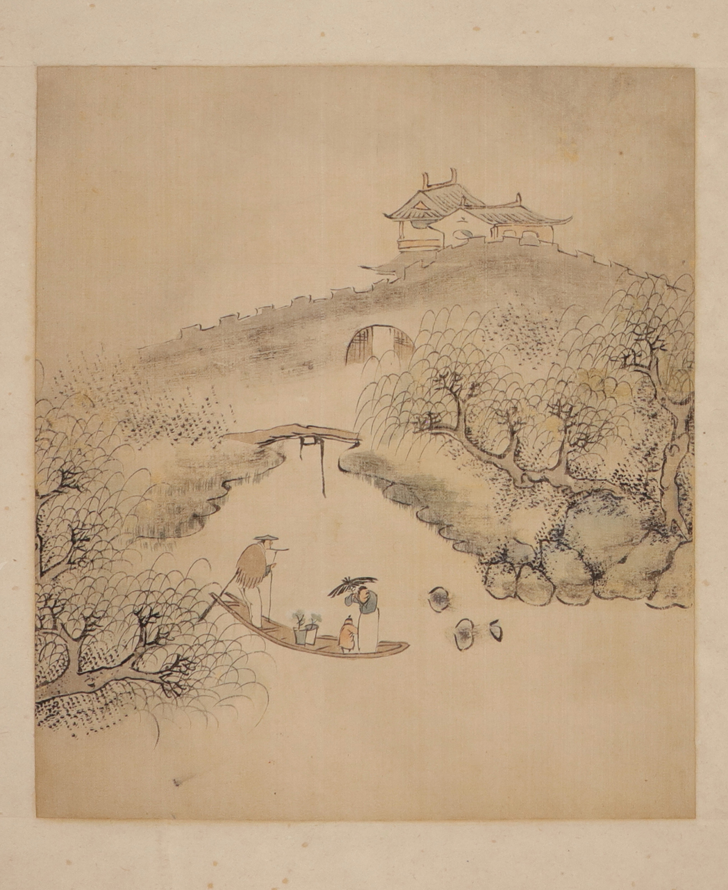 sconosciuto, Paesaggio fluviale con fortezza (dipinto - su seta, opera isolata) - ambito giapponese (prima metà XX)