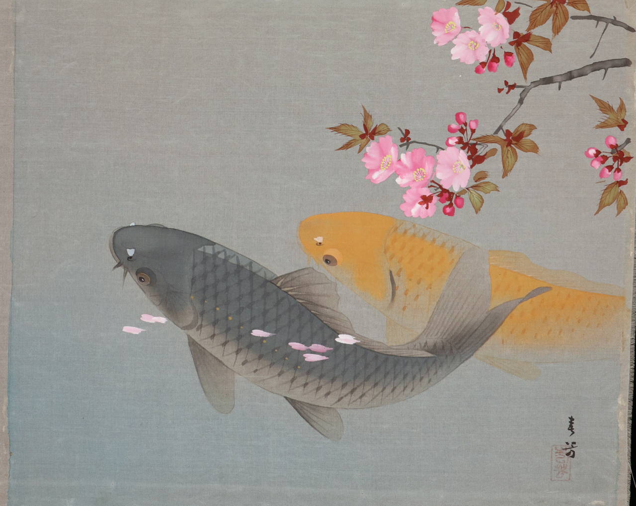 sconosciuto, Carpe sul pelo dell'acqua (dipinto, opera isolata) - ambito giapponese (prima metà XX)