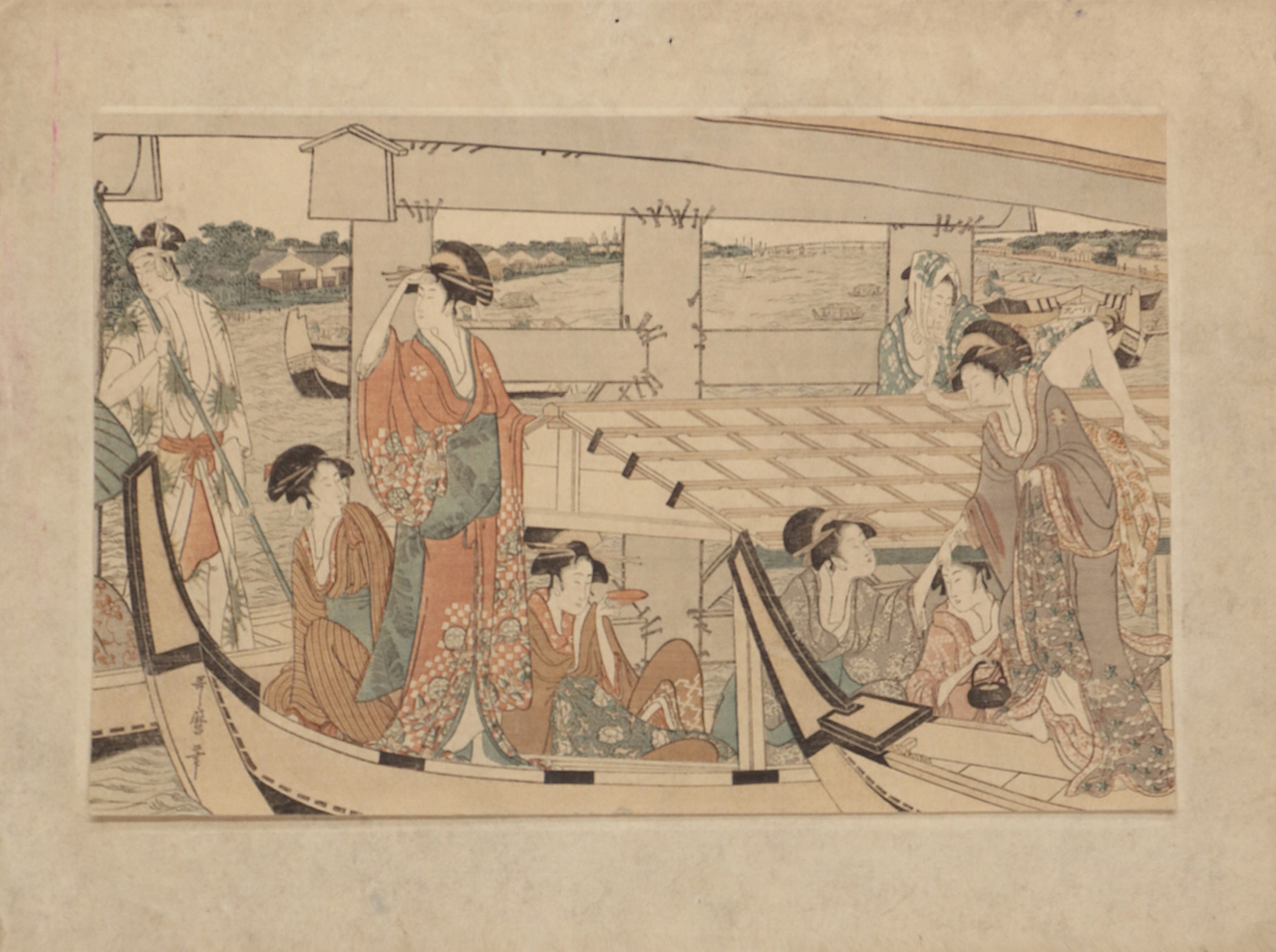 Feste piacevoli sulle barche sul fiume Sumida sotto il ponte Ryōgoku, In cima e sotto il ponte Ryōgoku (Ryōgoku-bashi ue-shita) (Xilografia - a colori, elemento d'insieme) di Utamaro, Kitagawa (attribuito) - ambito giapponese (inizio/ fine XIX-XIX)