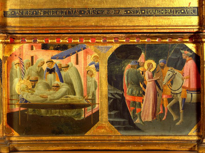 Morte di San Benedetto e il Prefetto Olibrio che ordina ai soldati di portare via S. Margherita (scomparto di predella) di Manzini Andrea detto Andrea di Giusto (secondo quarto XV)