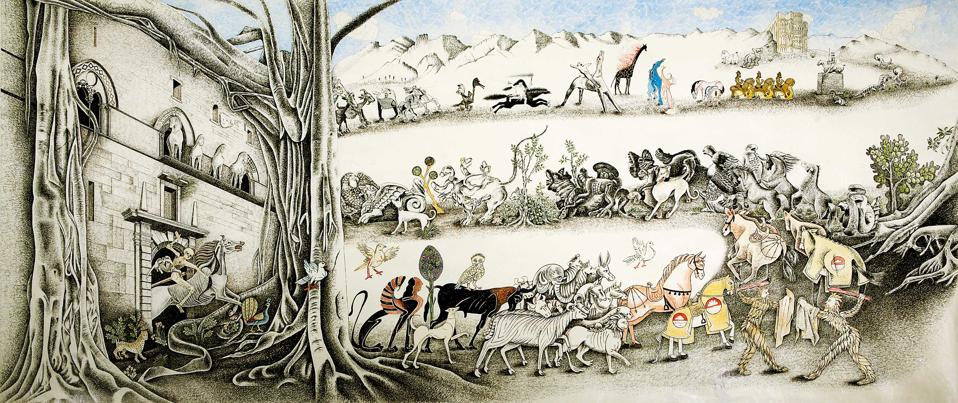 Il Corteo degli animali, paesaggio con animali (dipinto, opera isolata) di Conti Cammarata, Liliana - ambito siciliano (anni novanta XX)