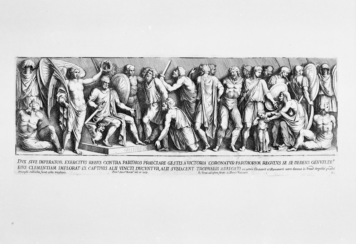 Incoronazione di un duce vittorioso sui nemici sconfitti, Rilievo di fronte di sarcofago con scena di incoronazione di un duce vittorioso sui nemici sconfitti (stampa, serie) di Bellori Giovanni Pietro, Sante Bartoli Pietro (ultimo quarto XVII)