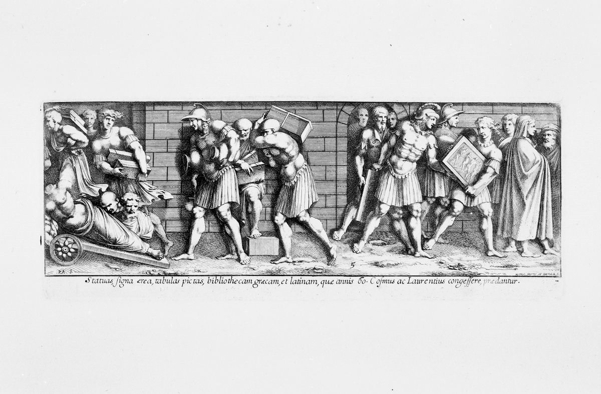 I Fiorentini saccheggiano i beni dal Palazzo dei Medici (scena tratta dalla bordatura dell’arazzo "La consegna delle chiavi" o "Pasce oves meas"), I Fiorentini saccheggiano i beni dal Palazzo dei Medici (stampa, serie) di Bartoli Pietro Sante (attribuito) - ambito romano (seconda metà XVII)