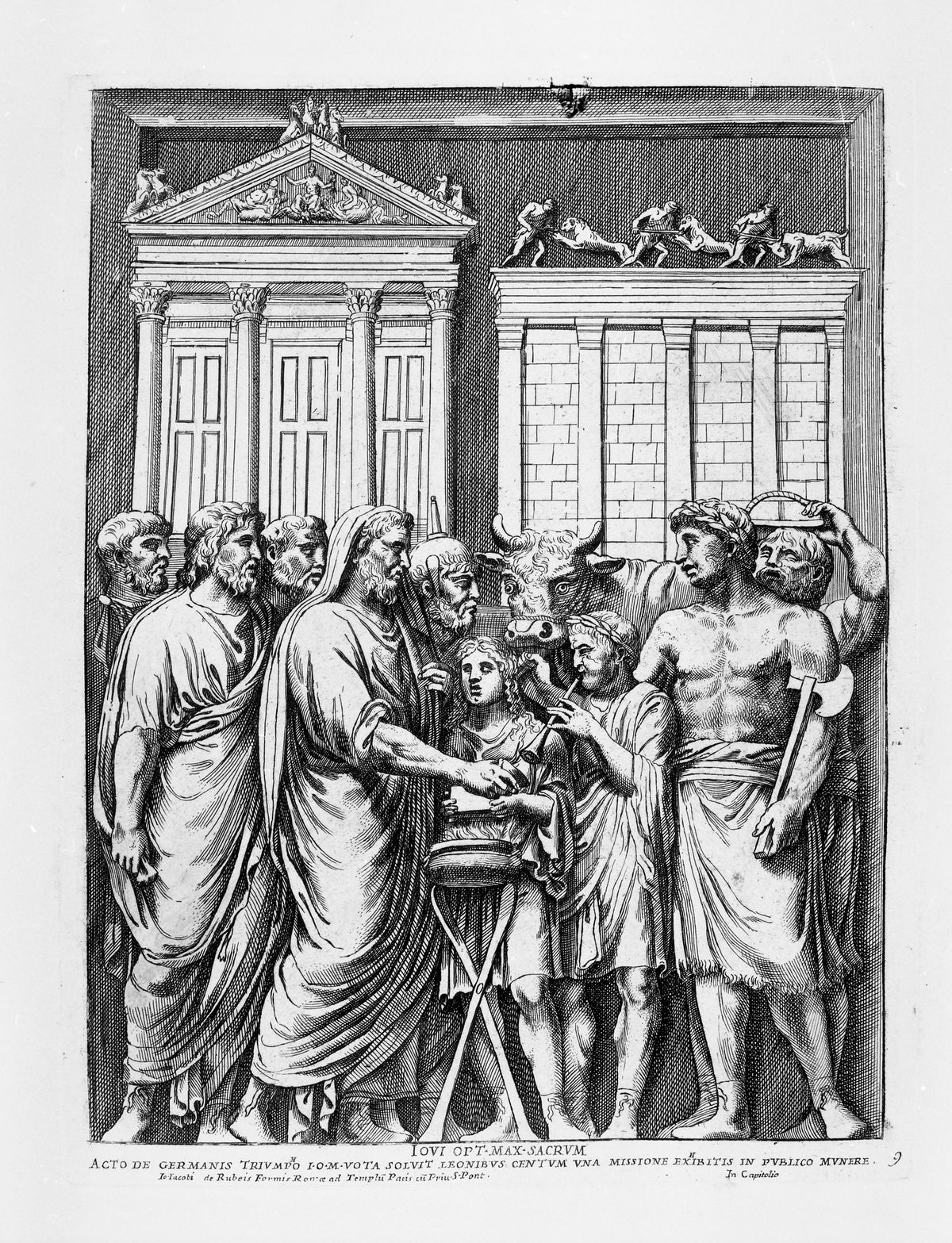 Il sacrificio di Marco Aurelio davanti al Tempio di Giove Capitolino, Rilievo antico (stampa) di Bartoli Santi Pietro, Bellori Pietro Giovanni (XVII)