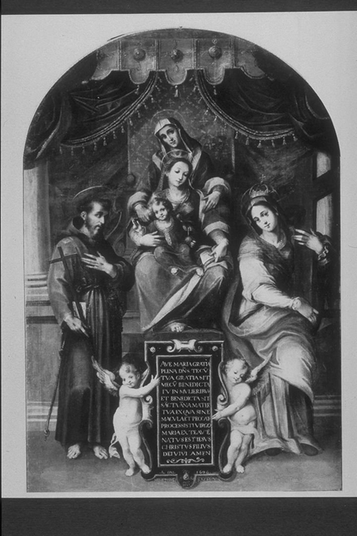 Madonna con Bambino, sant'Anna, san Francesco d'Assisi e sant'Elena (dipinto, opera isolata) di Bandiera, Benedetto (sec. XVII)