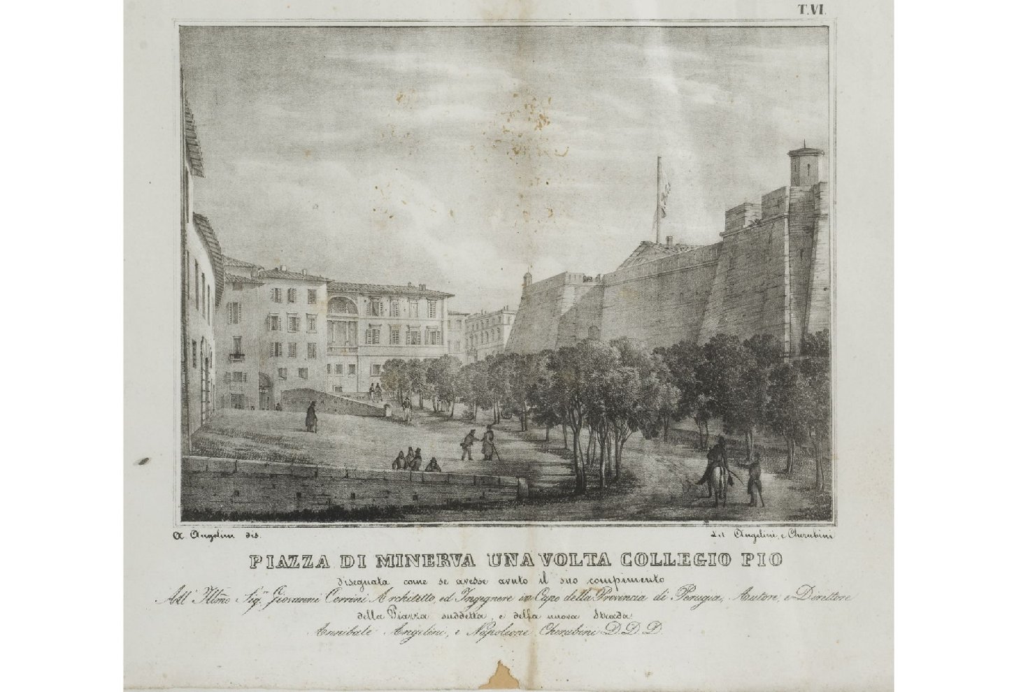 Piazza di Minerva una volta Collegio Pio, veduta di Perugia (stampa) di Cherubini, Napoleone, Angelini, Annibale (sec. XIX)