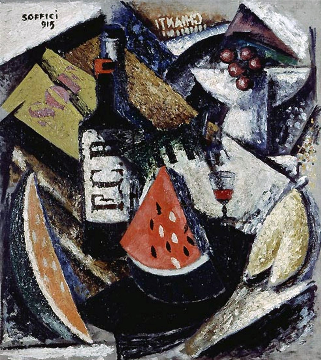 Frutta e liquori, Natura morta (dipinto, opera isolata) di Soffici, Ardengo (primo quarto XX)