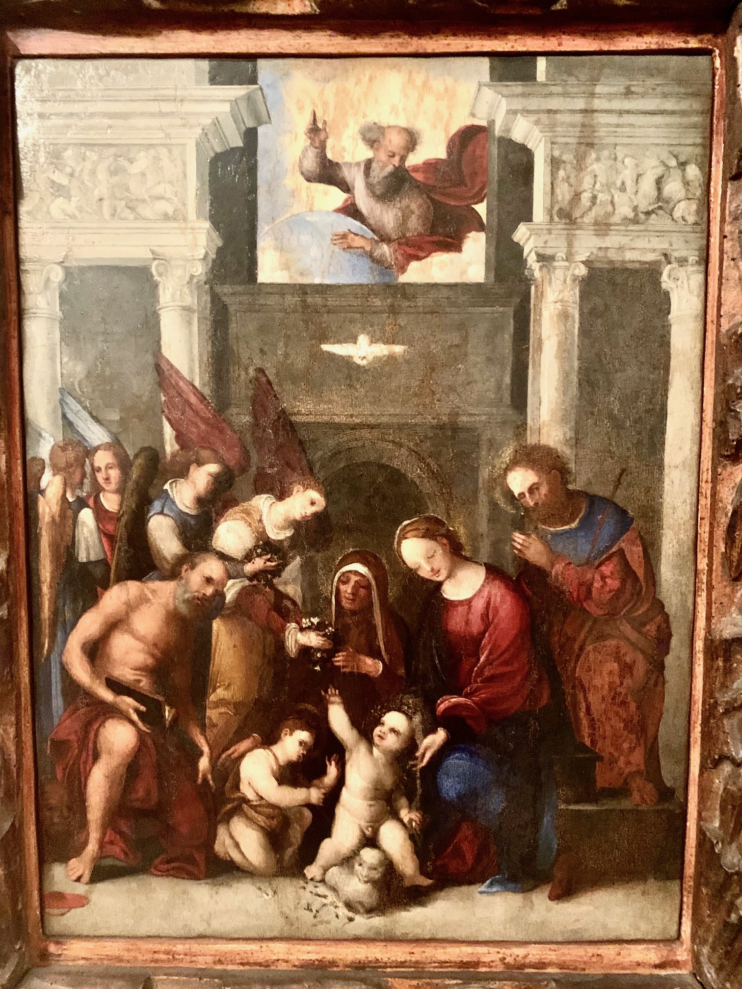 Sacra Famiglia con Trinità, San Girolamo, Santa Elisabetta e San Giovannino (dipinto, opera isolata) di Mazzolino Ludovico (secondo quarto XVI)