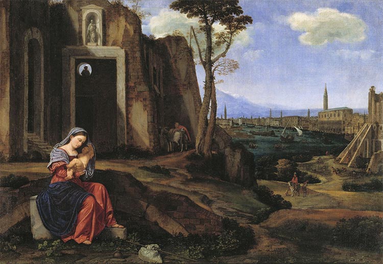 Riposo nella fuga in Egitto con la veduta du Riva degli Schiavoni a Venezia (dipinto, opera isolata) di Savoldo, Giovanni Gerolamo (prima metà XVI)