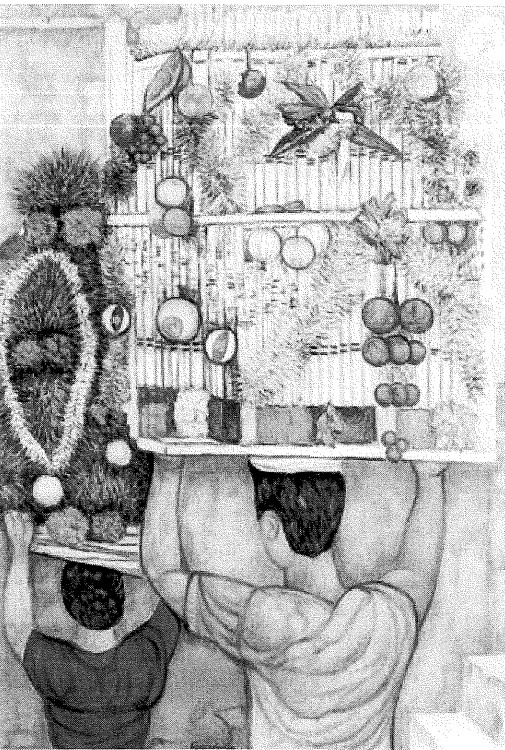 Daza dei ceri, busti femminili di spalle, candele, frutta (dipinto) di Luigi Guerricchio - ambito lucano (XX)