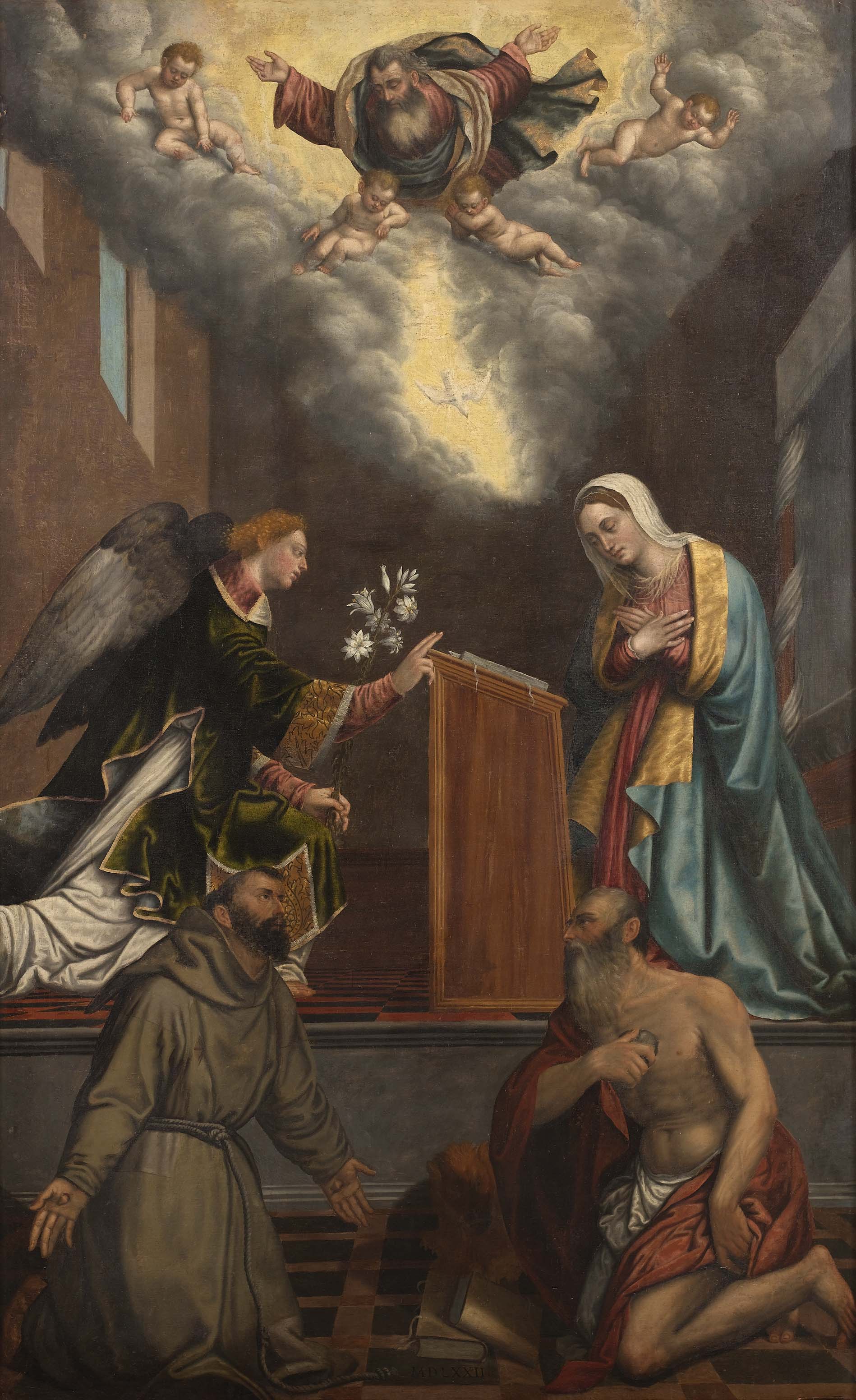 Annunciazione con i Santi Francesco e Girolamo (dipinto, opera isolata) di Ricchino Francesco (seconda metà Sec. XVI)