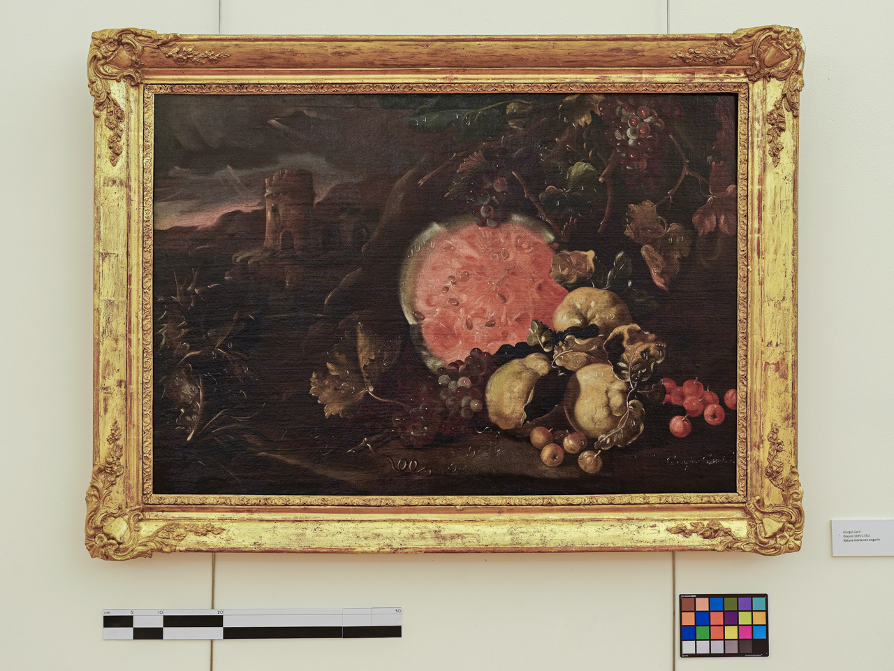 Natura morta con anguria, Natura morta con anguria e sfondo di paesaggio (dipinto) di Garri Giorgio (anni venti XVIII)