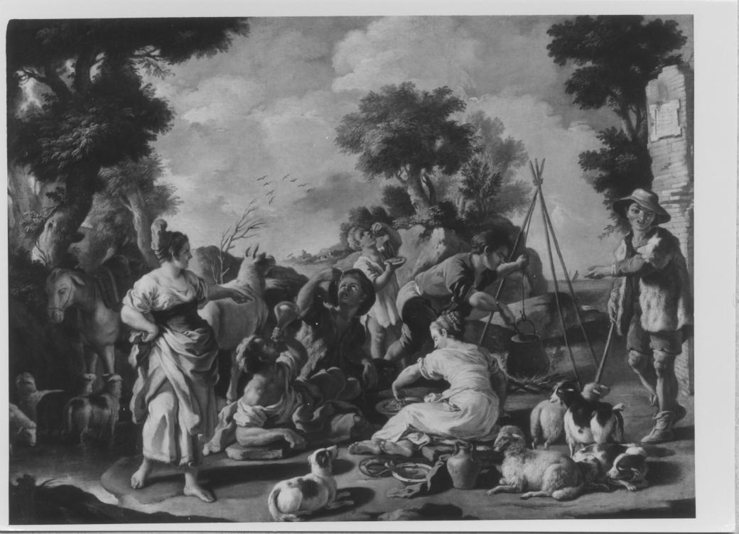 Pastori che mangiano i maccheroni, Scena di genere con pastori (dipinto) di De Mura Francesco (scuola) (seconda metà XVIII)